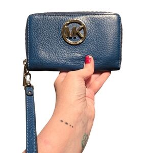Michael Kors Navy Leather Wristlet with Gold Logo